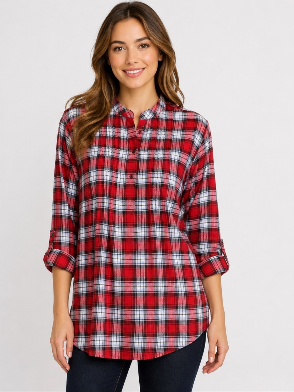 LANDSEND Women’s 100% Cotton Flannel Pintuck Roll Sleeve Banded Collar Tunic Top